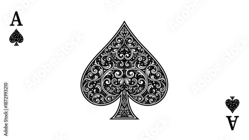 Decorative Ace of Spades Card with Intricate Ornate Design and Copy Space