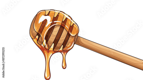 Close-up of a Wooden Honey Dipper Dripping Golden Honey Against a White Background