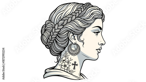 Profile of a Woman with Intricate Braided Hair and Floral Neck Tattoos