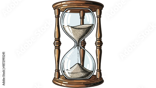 Detailed Vintage Hourglass Illustration with Sand Flowing, Symbolizing Time Passing