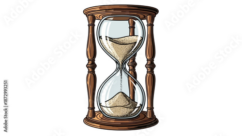Classic Wooden Hourglass with Sand Flowing, Symbolizing Time Passing and Measurement