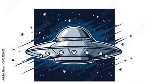 Retro Flying Saucer UFO Spaceship in Outer Space with Stars and Streaks