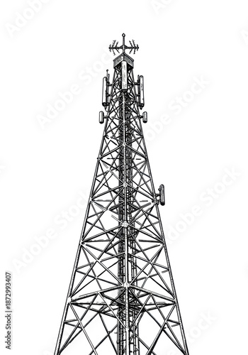 A monochrome ink sketch of a lattice radio mast radiating lightning on a transparent background. Concept of communication and technological advancement.