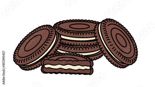 Delicious Chocolate Sandwich Cookies with Creamy Filling Stacked Isolated on White