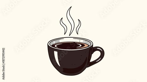 Stylized Vector Illustration of a Steaming Cup of Hot Coffee or Tea, Isolated on Beige