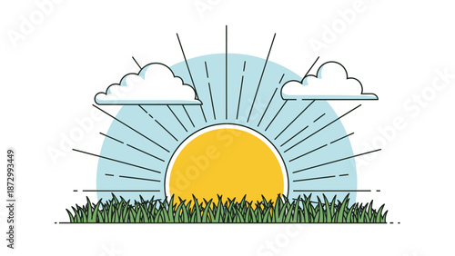 Stylized Sunrise Over Lush Green Grass with Fluffy Clouds and Sun Rays
