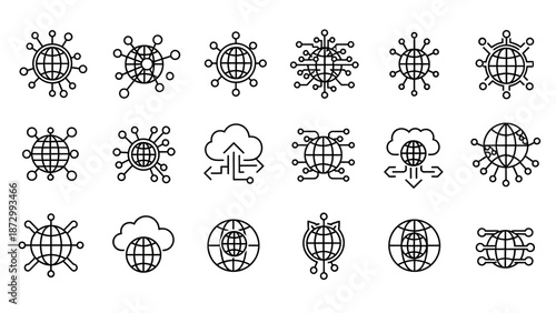 Set of Global Network and Cloud Technology Icons, Digital Connections and Data Transfer
