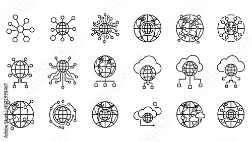 Global Network and Technology Icons: Connectivity, Cloud, and Data Flow Concepts