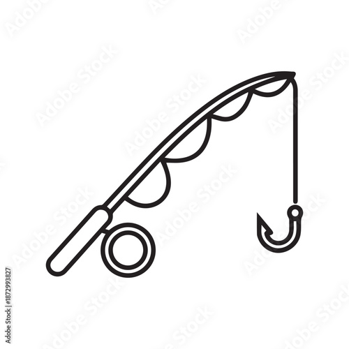 Minimalist Fishing Rod with Hook Line Art Icon for Outdoor Hobby and Sport Fishing