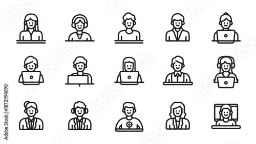 Simple black and white icons representing various individuals using laptops and headsets for communication