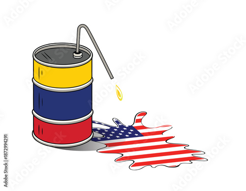  Oil barrel with Venezuela Flag colors and straw -US flag on oil splash - Vector Illustration for Post design isolated on white background