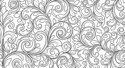 Intricate floral design featuring swirling vines and leaves on a white background, ideal for textiles