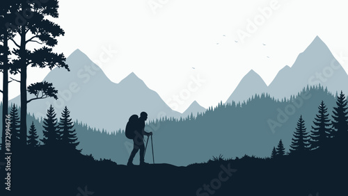 Silhouette of a hiker with a backpack and trekking poles walking on a mountain trail with layered mountains and pine trees in the background.