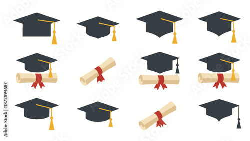 Graduation Caps and Diplomas Set.