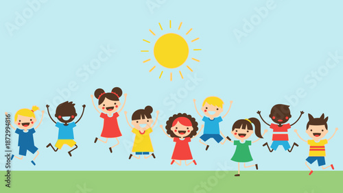 Happy Diverse Children Jumping Joyfully Under The Sun.