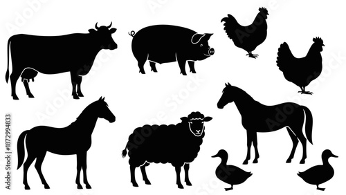 Collection of Farm Animals Silhouettes in Black on an Isolated White Background