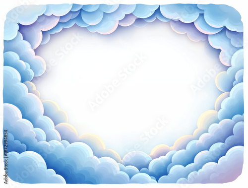 Dreamy pastel blue and purple clouds framing a bright white empty space, a whimsical graphic background or border with soft light, ideal for heavenly or ethereal designs.