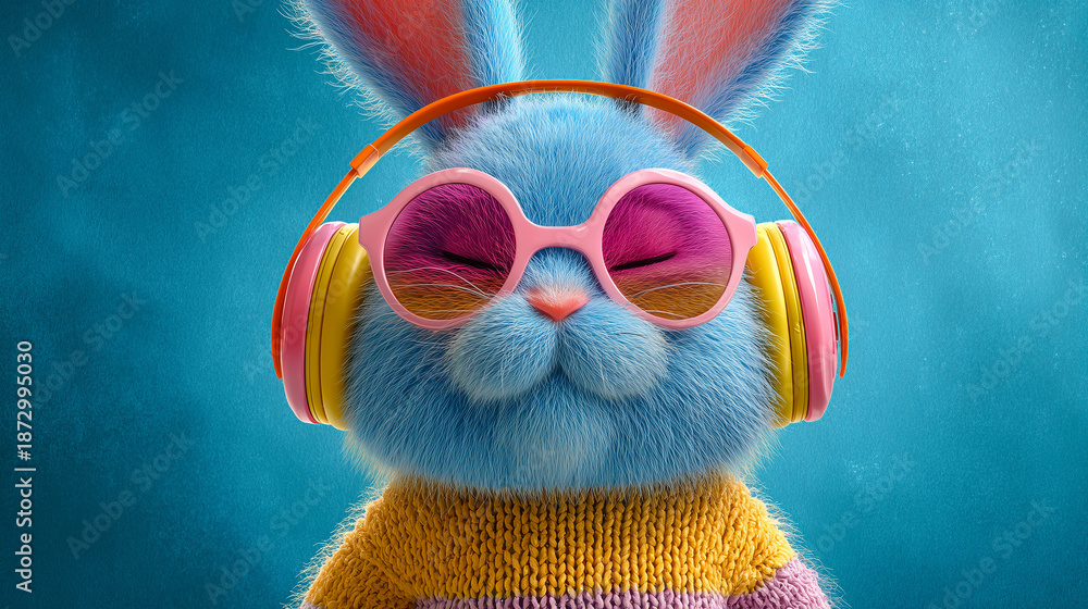 Fototapeta premium Cute blue bunny wearing pink sunglasses and colorful headphones on a vibrant background.
