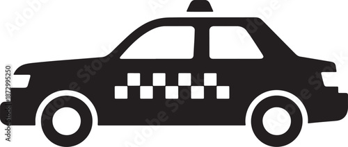 Taxi car silhouette vector illustration with checker pattern on side view city transportation service vehicle symbol isolated on transparent background for urban travel and passenger transport