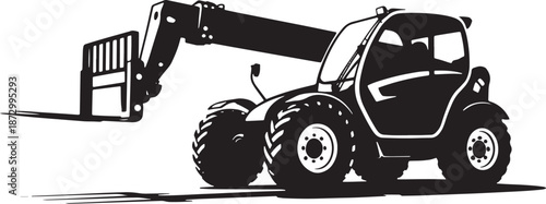 Detailed silhouette of modern telehandler machine with large rugged tires and extended lifting arm for construction site vector