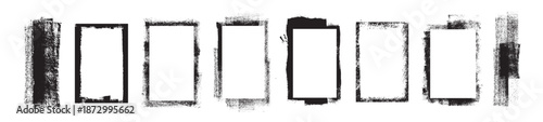 Grunge-style overlay frames, vintage craft textures, paint splatter frames, and roller stamps. Artistic creative design elements. Vector illustration.
