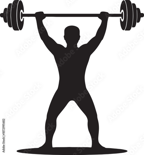 Weightlifter silhouette holding heavy barbell overhead for bodybuilding and fitness competition icon athlete performing powerlifting exercise for gym motivation and sports branding illustration