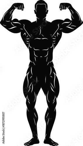 Bodybuilder flexing silhouette, muscular male physique, fitness strength concept, bodybuilding anatomy, black vector illustration isolated on white background, gym training athlete