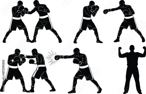 Boxing silhouettes set showing fighters training, punching, sparring poses, combat sport action, strength, fitness concept, black vector illustration isolated on white background