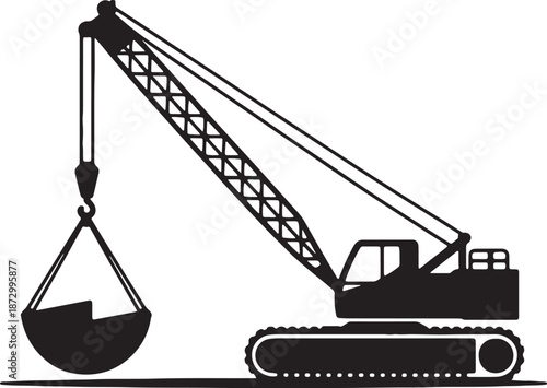 Construction site silhouette illustration heavy duty lifting crawler crane machine equipped with clamshell bucket used for dredging and excavation work equipment graphic icon design element vector