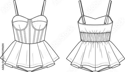 CAD drawing flat vector illustration of structured lingerie top, front and back view, fashion design, garment construction, sewing pattern