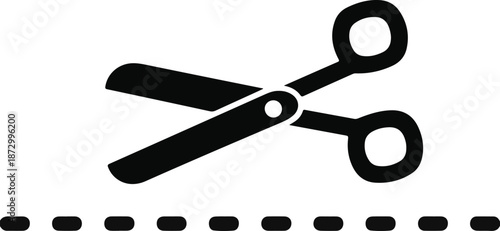 Black Scissors Icon Cutting Dashed Line on White symbol