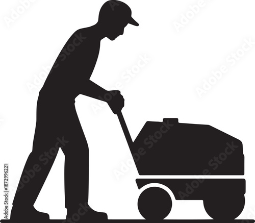 Silhouette illustration of worker operating walk behind floor scrubber machine for professional cleaning maintenance service