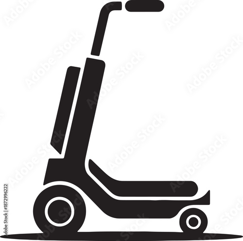 Black silhouette icon representing modern electric stand up scooter for personal urban transportation and fast travel