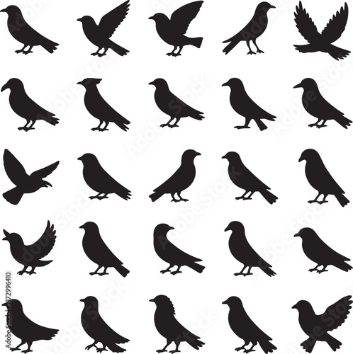 Large assortment of various bird silhouettes in numerous perching and flight postures on a transparent background, perfect for nature-inspired and environmental designs