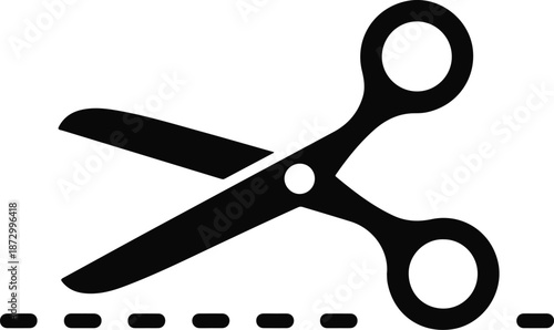 Black Scissors Icon with Dashed Cut Line cutting