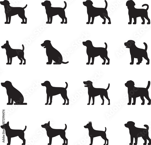 Various dog breeds silhouettes in different poses on a transparent background, ideal for pet care branding, animal-themed designs, and veterinary clinic visuals