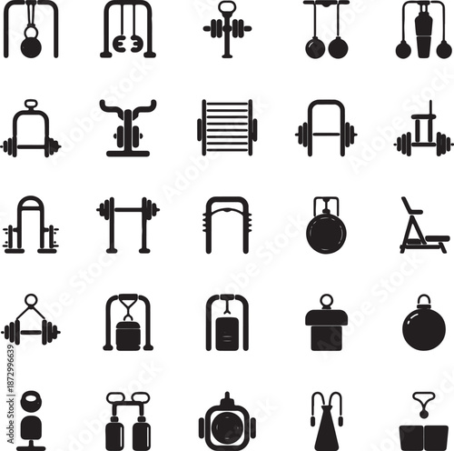 Outline collection of various exercise machines and fitness apparatus icons for strength training and gym activity concept