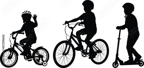 Children riding bicycles and scooter outdoors, kids wearing helmets for safety, childhood activity silhouettes, healthy lifestyle, fun learning, vector illustration design, family recreation