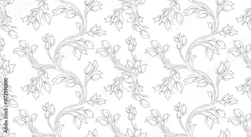 Delicate floral pattern featuring intricate vines and buds on a soft white background