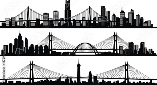 City skyline silhouette with bridge, urban architecture, metropolitan horizon, structural design elements, vector sketch, flat cad drawing illustration