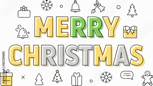 Merry christmas greeting with christmas tree, snowflakes, gift boxes, bell and gingerbread man decorations