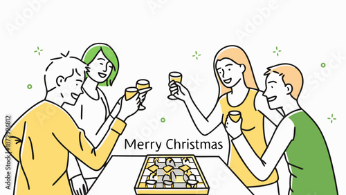Group of friends celebrating christmas with drinks and a board game on the table with merry christmas text