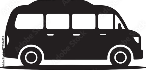Black silhouette of a large passenger minivan or cargo van side view icon representing family transport commercial delivery shuttle bus service vehicle pictogram