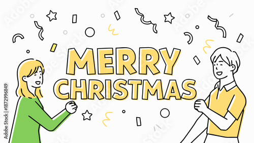 Merry christmas illustration with two people and confetti in a celebratory festive holiday scene design