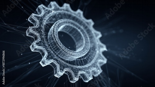 Abstract wireframe gear rotates with interconnected lines and dots.