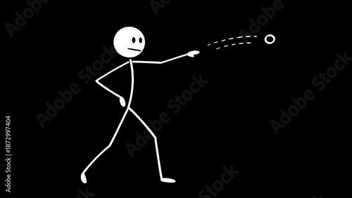 Stick Figure Man Throwing a Ball or Object with Motion Trails, Depicting Action and Sport on Solid Black Background.