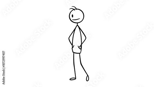 Stick Figure Man Standing Casually with Hands in Pockets, Looking Relaxed and Confident on Isolated White Background.