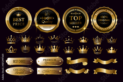 original product stamp, gold 100 percent guaranteed label, high quality badge, top seller stamp award, best price sticker, best choice , premium quality tag vector gold ribbons banner crown icon logo 