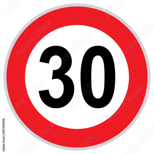Speed limit 30 road sign in red circle, traffic regulation symbol for urban safety, driving control and speed restriction