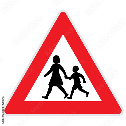Children crossing warning road sign, school zone traffic symbol for pedestrian safety, awareness and accident prevention